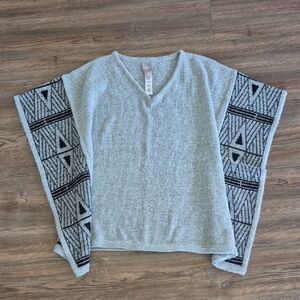Gray V-Neck Poncho with Black Patterned Sleeves